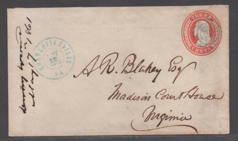 **CSA Cover, Charlottesville, VA, 5/18/1861, Conf Usage of US Postage