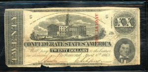 1865 $20 CONFED STATE NOTE VG CONDITION