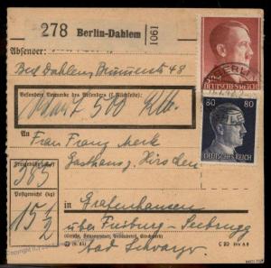 Germany 1942 3M 85pf High Value Parcel Card Cover Berlin Grafenhausen 86863