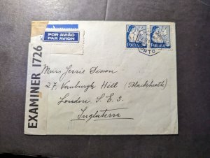 1944 Censored Portugal Airmail Cover Porto to London SE3 England