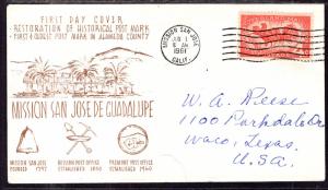 US Restoration of Historical Postmark Mission San Jose 1961 Cover