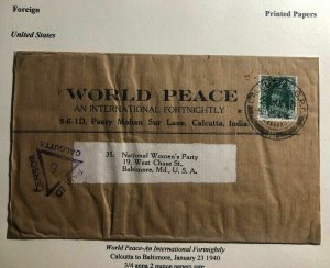 1940 Calcutta India Wrapper World Peace Fortnightly Cover To Baltimore MD USA