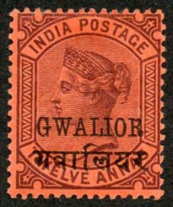 ICS GWALIOR SG32var1 885-97 12a purple on red paper part o.g. with overprint do