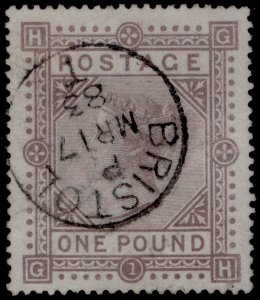 GB QV SG136, SCARCE £1 brown-lilac WMK ANCHOR WHITE PAPER, VFU. Cat £7000 CDS GH