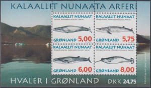 GREENLAND Sc #322a  MNH SHEETLET of 4 DIFFERENT WHALES