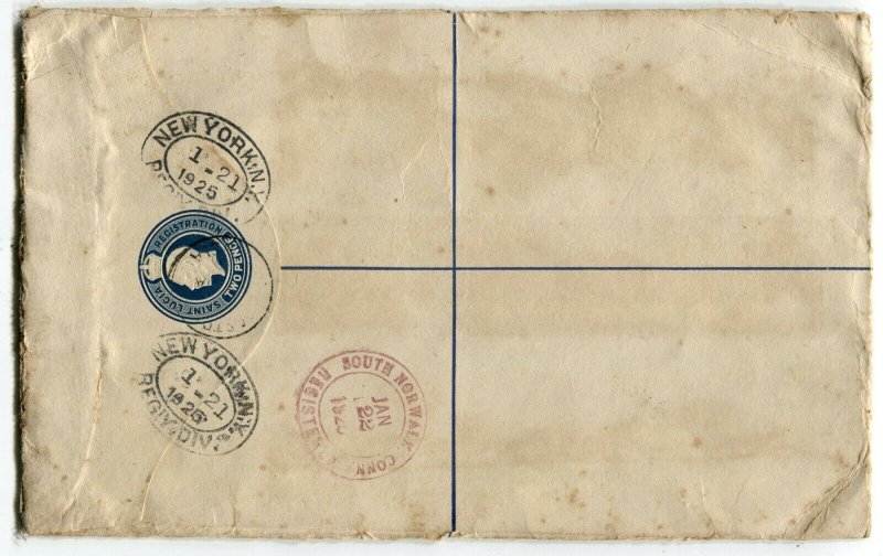 ST. LUCIA to USA Registered Letter Postage Cover Stationery 1925 Used