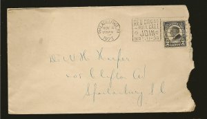 USA SC#610 on PM 1923 Philadelphia RED CROSS Cancel Cover Used Cover is Faulty