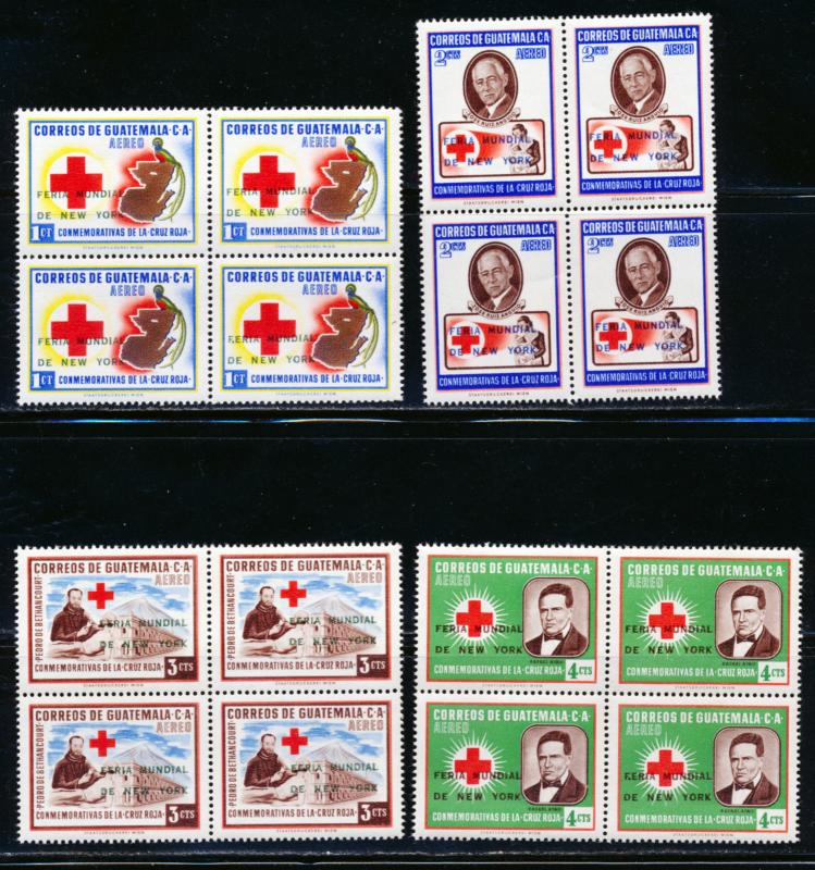 GUATEMALA 1964 BLOCKS OF 4 NEW YORK WORLD FAIR O/P ON RED CROSS SET SCT C291-94