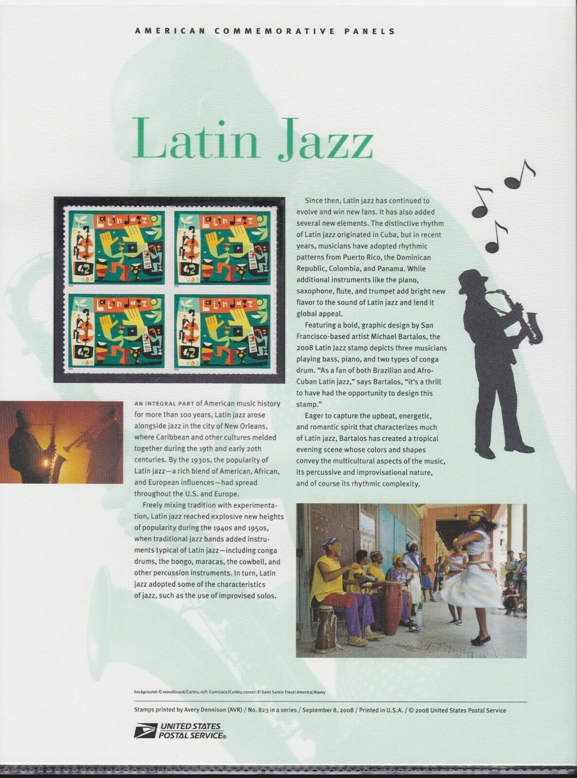 US 823 42c Latin Jazz 4349 USPS Commemorative Stamp Panel United States, General Issue Stamp