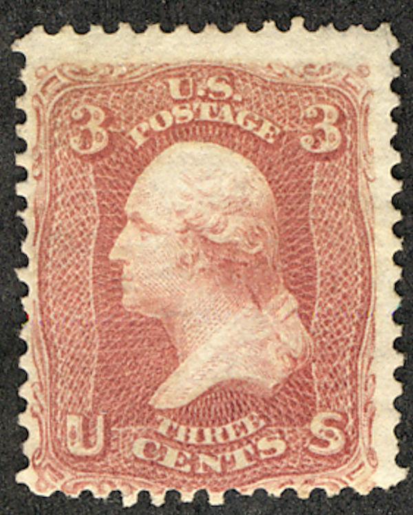 #65 SCV $125. VF mint hinged, 3c Rose, a super fresh stamp, deep rich color, ...