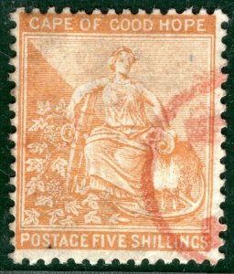 South Africa COGH QV High Value Stamp 5s Orange *RED* CDS? CANCEL Used BLUE41