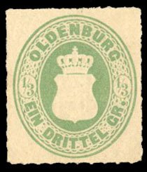 German States, Oldenburg #21 Cat$32.50, 1867 1/3s green, lightly hinged