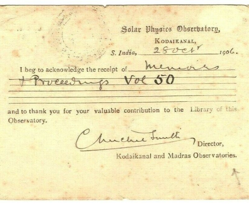 INDIA ASTRONOMY QV Stationery Card 1906 *Signed* SOLAR PHYSICS OBSERVATORY GJ235