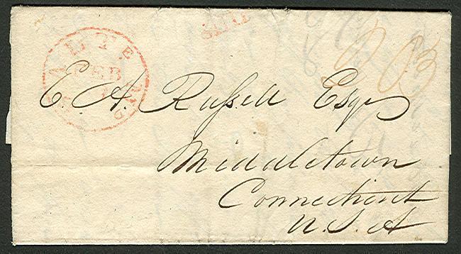 SWEDEN 1829, ST. BARTHELMY (Swedish West Indies) to CT w/red ship transit strike