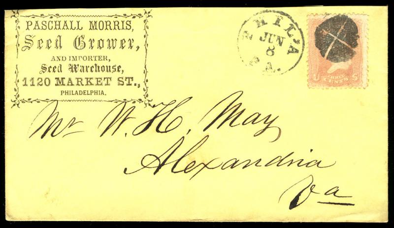 US #65 EST $125.00 EARLY ADVERTISING COVER, Seed Grower, Paschall Morris, VF ...