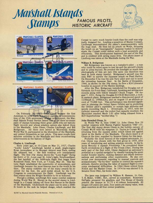 Marshall Islands 137a,9a,41a Souvenir Page, Famous Pilots, Historic Aircraft