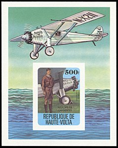 Upper Volta 467, MNH, History of Aviation souvenir sheet, Lindbergh, proof card