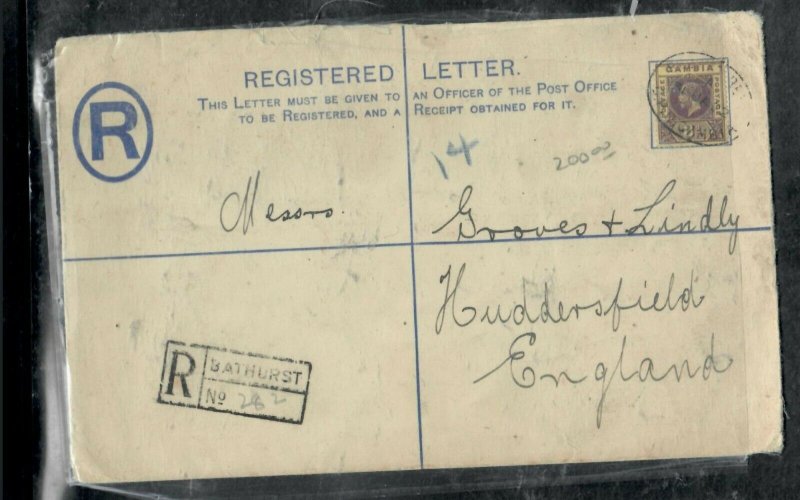 GAMBIA COVER (PP0301B) 1922 KGV 2D RLE+3D LARGER SIZE BATHURST TO ENGLAND