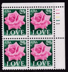 United States 1988 25c ROSE Love Issue  Plate Number Block  VF/NH