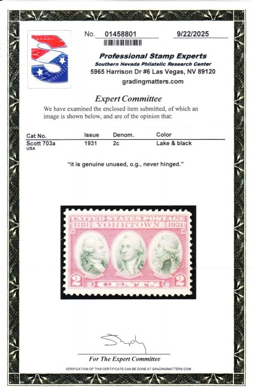 MOstamps -US #703a Mint OG NH (Lake color variety) with PSE cert - Lot # MO-6012