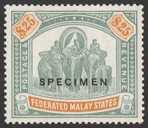 FEDERATED MALAY STATES 1922 Elephants $25, wmk script SPECIMEN. MNH **. Rare!