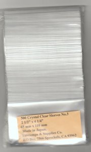 500 #3 Crystal Clear Sleeves 2 1/2 x 4 1/4 For Stamps Thick~=2.5 mm.