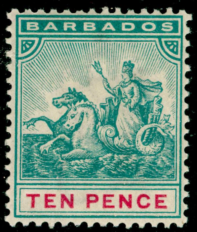 BARBADOS SG113, 10d dull blue-green & carmine, LH MINT.