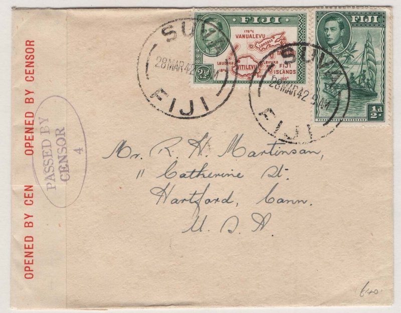 Fiji 1942 Fine 3d rate cover to USA, red 'Opened by Censor tape & fine oval Pa