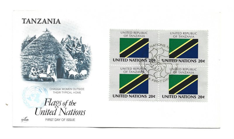 United Nations #429 Flag Series 1984, Tanzania, ArtCraft block of 4, FDC