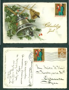 Denmark. 1932 Christmas Card. 2 x Seal + 10 Ore Copenh. 2 Bells,Berries. Adr.