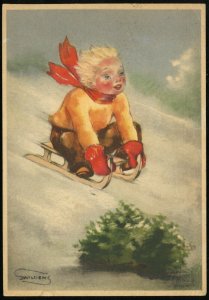 Saar Neunkirchen WWII Postal Card to Austria Vienna Child on Sled 1943 Germany