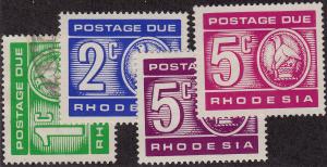 RHODESIA Scott # J15 Used, J16-J17 MH remnants, 2 colors J17 (4 Stamps)