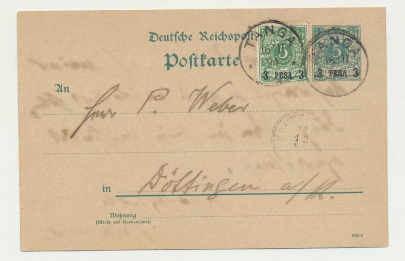 GERMAN EAST AFRICA 1894 TANGA TO DOTTINGGEN, 3p CARD 3p ADDED (SEE BELOW)