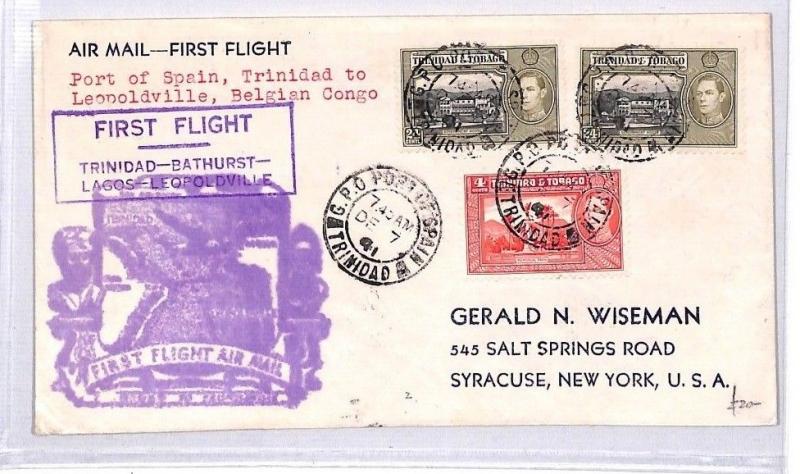 TRINIDAD & TOBAGO First Flight Cover Air Mail CONGO USA New York 1941 BN302