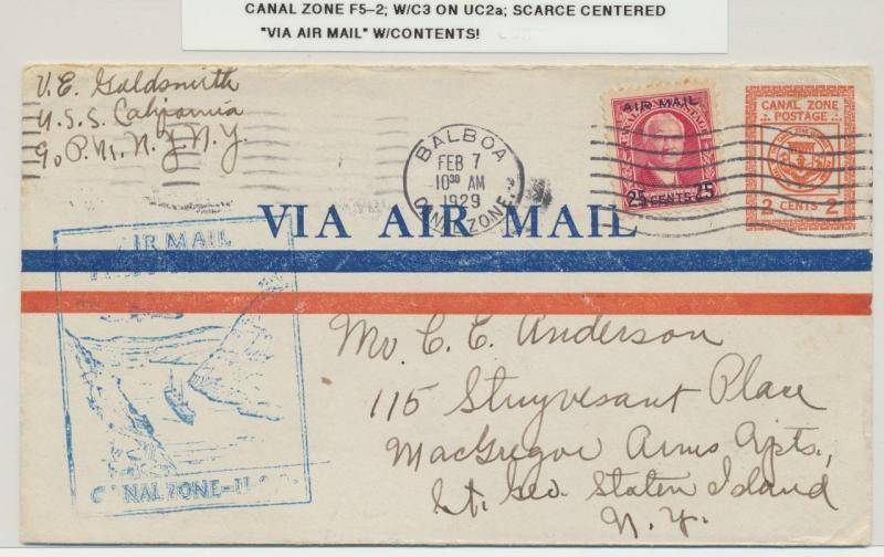 CANAL ZONE 1929 SCARCE 2c ENVLEOPE+25c AIR ADD.+CACHET & CENTERED VIA AIRMAIL