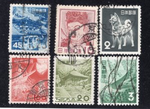 Japan 1952-54 Group of 6 1y to 45y values, Scott 566, 580, 583-584, 598 used
