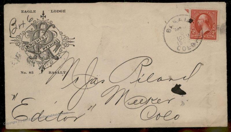 USA Colorado BASALT COLO Knights of Pythias Cancel Only Used 1902 Cover 88066