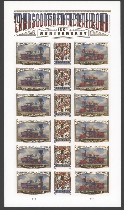 2019 US SCOTT #5378-80 Transcontinental Railroad Sheet of 18, Corner Dings