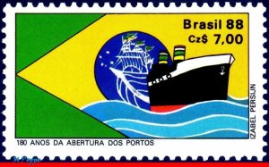 2126 BRAZIL 1988 OPENING OF PORTS TO SHIPS, 180th ANNIV., FLAG, MI# 2243, MNH