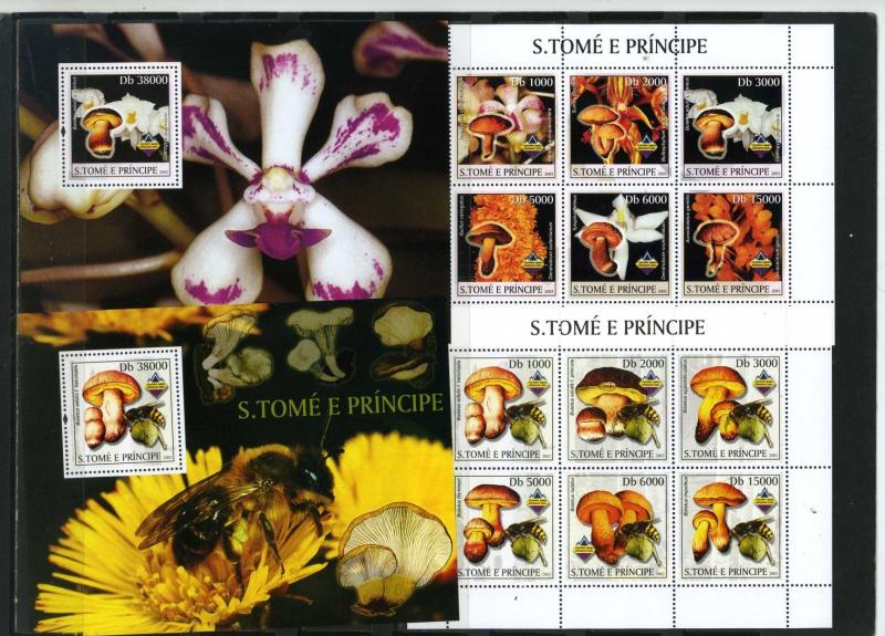 ST.THOMAS & PRINCE ISLANDS 2003 MUSHROOMS/ORCHIDS 2 SHEETS 6 STAMPS & 2 S/S MNH 