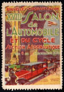 1924 Belgium Poster Stamp 18th Brussels Motor Show Automobiles Bicycles Aviation