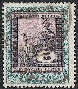 HUNGARY 1922  5K Judicial Revenue / Torvenykesezi, Bft 6 Used VF