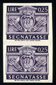 San Marino, Postage Dues #J69var (Sass. 69a) Cat€120+, 1945 25c dark purple...