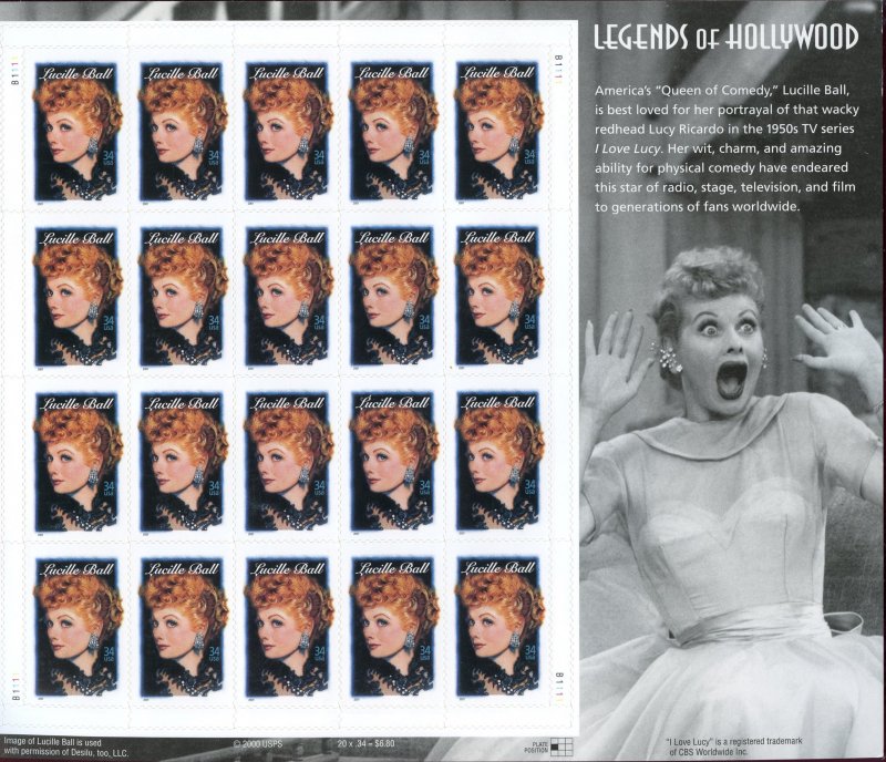 SCOTT 3523 LEGENDS OF HOLLYWOOD - LUCILLE BALL - (20) OG/MNH SHEET OF STAMPS