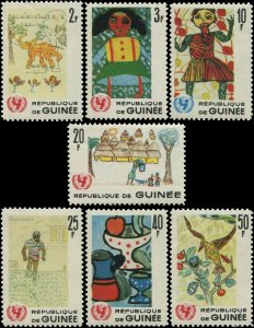 Guinea 1966 Sc 442-448 Drawings Bird People Elephant Hut Soccer