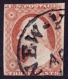 US Scott 11, 1851 Washington, 3c dull red, USED *CDS*.