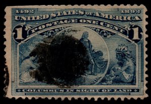 U.S. Scott #230: 1893 1¢ Columbian, Used, F+, clipped perfs on upper left