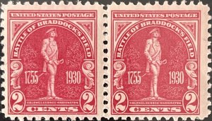 Scott #688 1930 2¢ Battle of Braddock's Field MNH OG pair with minor flaws