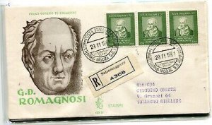 Italy FDC Venetia 1961 Romagnosi strip of three traveled Racc. For Italy