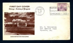 # 729 First Day Cover with Worlds Fair cachet from Chicago, Illinois - 5-25-1933